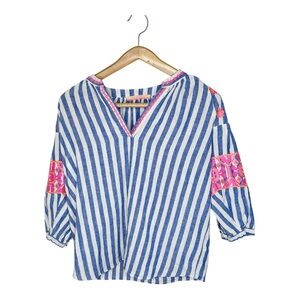 Vilagallo Embroidered Top Linen Cotton Blend Size 44 Large Blue White Striped